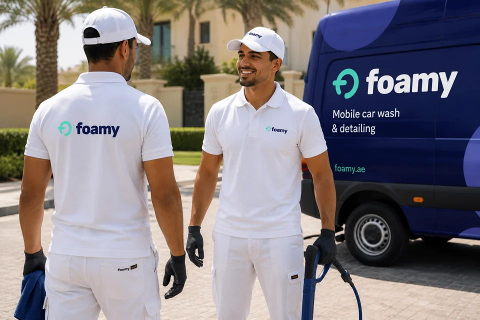 Foamy uniform concept showing branded white workwear and gloves beside the service van